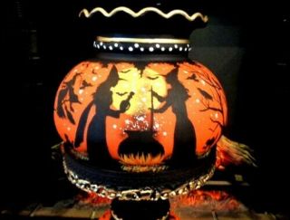 VINTAGE HALLOWEEN WITCH ' S HAUNTED HOUSE 3 - WAY HURRICANE LAMP by Peggy G 2