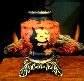 VINTAGE HALLOWEEN WITCH ' S HAUNTED HOUSE 3 - WAY HURRICANE LAMP by Peggy G 3