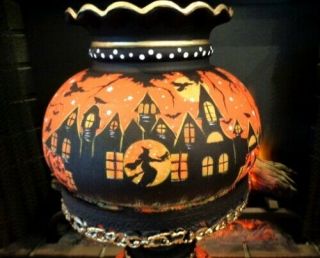 VINTAGE HALLOWEEN WITCH ' S HAUNTED HOUSE 3 - WAY HURRICANE LAMP by Peggy G 4