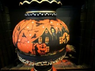VINTAGE HALLOWEEN WITCH ' S HAUNTED HOUSE 3 - WAY HURRICANE LAMP by Peggy G 5