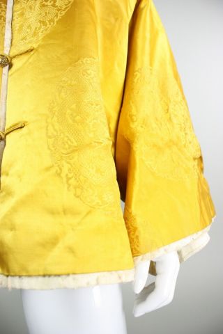 Antique Chinese Robe Qing Dynasty Medallions Yellow Silk Fur Lining 1900s 1920s 8