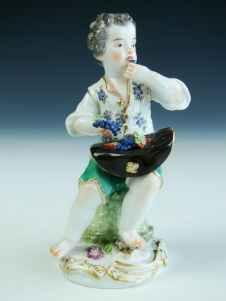 Antique Signed Meissen German Hand Painted Porcelain Grape Boy Figurine Statue