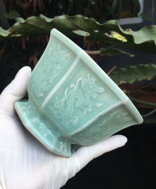 Small Antique Chinese Ming Longquan Celadon Porcelain Stemp Cup Bowl