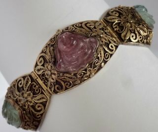 RARE ANTIQUE CHINESE GILT STERLING SILVER CARVED TOURMALINE BUDDHA BRACELET 2