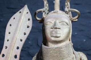 Large Antique African Benin Bronze Figure Oba Nigerian Tribal Warrior Provence