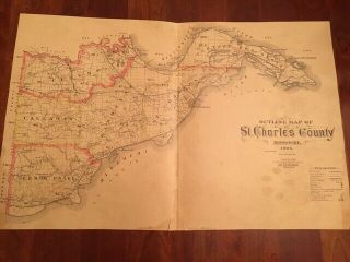 Rare 1905 Outline Map Of St.  Charles County Missouri Railroads Wagon Roads River