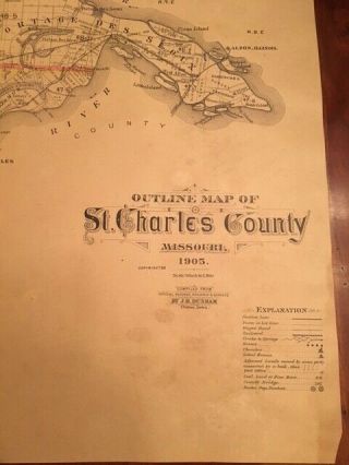 RARE 1905 Outline Map of St.  Charles County MISSOURI Railroads Wagon Roads River 2