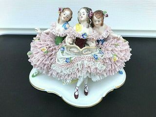 Antique German Porcelain Dresden Lace 3 Sitting Ballerina Lady Figurine Germany