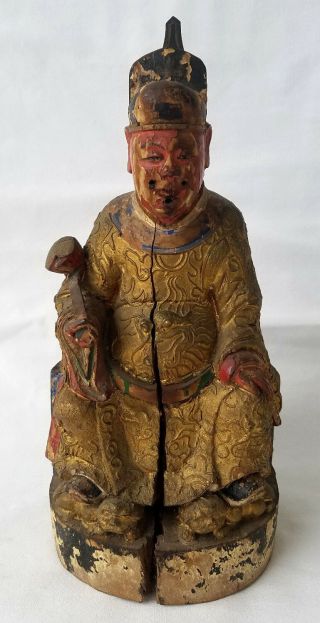 Antique Chinese Polychromed Carved Gilt Wood Emperor Figure 18th C.