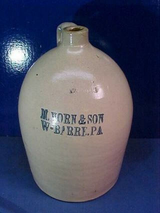 19thc Stoneware Jug W Blue Letters M.  Horn,  Sons Wilkes Barre Pa