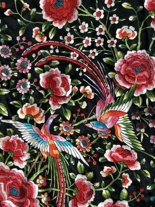 Vintage Chinese Silk Hand Embroidered Phoenix Birds Piano Shawl VIVID Colors 10