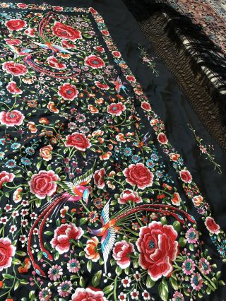 Vintage Chinese Silk Hand Embroidered Phoenix Birds Piano Shawl VIVID Colors 4