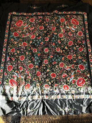 Vintage Chinese Silk Hand Embroidered Phoenix Birds Piano Shawl VIVID Colors 8