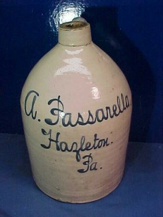 19thc Stoneware Jug W Blue Script Letters A.  Passarella Hazelton Pa