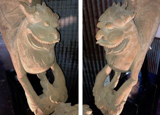 Monumental Carved Wood Asian Foo Dogs - Custom Bases - Pair 10