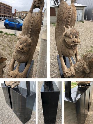 Monumental Carved Wood Asian Foo Dogs - Custom Bases - Pair 6