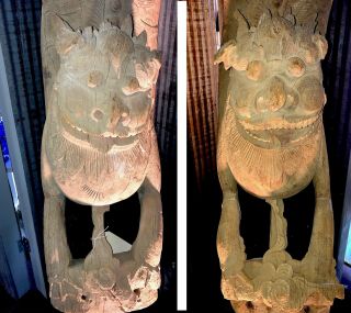 Monumental Carved Wood Asian Foo Dogs - Custom Bases - Pair 9