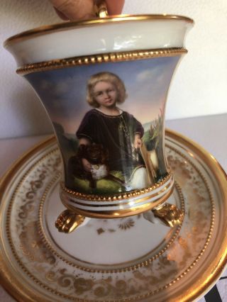 Antique Rare 19th C Gold Royal Porcelain Thre Footed Girl & Dog Cup & Saucer 5