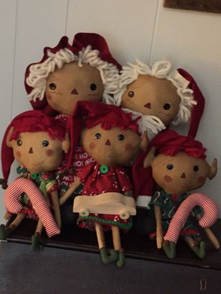 Primitive Folk Art Raggedy Ann Doll Raggedy Christmas 5 Dolls W/toys 2