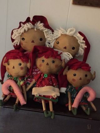 Primitive Folk Art Raggedy Ann Doll Raggedy Christmas 5 Dolls W/toys 3