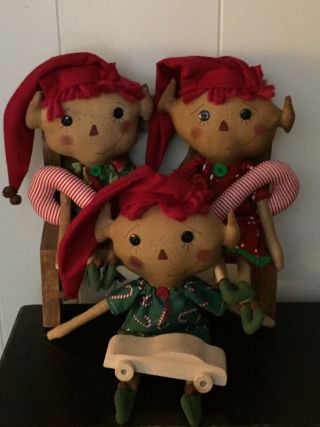 Primitive Folk Art Raggedy Ann Doll Raggedy Christmas 5 Dolls W/toys 7