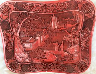 Large Antique Chinese Carved Cinnabar Tray Plaque Very Detailed People Trees,
