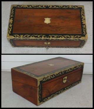 Antique Walnut Wood Folding Traveling Lap Desk 11 Compartments W Contents & Key