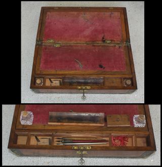 Antique Walnut Wood Folding Traveling Lap Desk 11 Compartments w Contents & Key 4