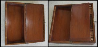 Antique Walnut Wood Folding Traveling Lap Desk 11 Compartments w Contents & Key 6