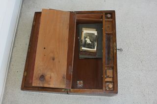 Antique Walnut Wood Folding Traveling Lap Desk 11 Compartments w Contents & Key 8