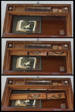Antique Walnut Wood Folding Traveling Lap Desk 11 Compartments w Contents & Key 9