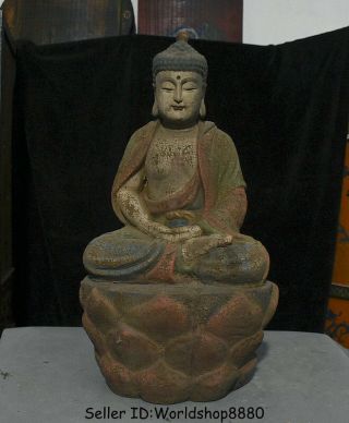 20.  8 " Old Tibet Buddhism Wood Lacquerware Seat Shakyamuni Amitabha Buddha Statue