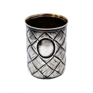 c.  1890 Russian Imperial Hand Chased 84 Silver 88 Basket Weave Vodka Shot Glass 10