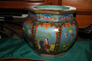 Chinese Planter Bowl - Porcelain Pottery - 8 Sided Scenes - Women Roosters - Signed