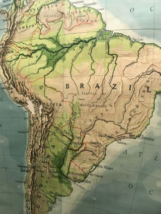 Vintage Rare Large Wall Map South America Brazil Argentina Amazon Chile Peru Rio 2