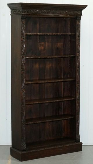 Ornately Carved Solid English Oak Victorian Library Bookcase In Jacobean Style