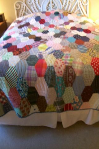 Antique Vintage Elongated Hexagon Honeycomb Hand Stitched Quilt Crazy Fabrics