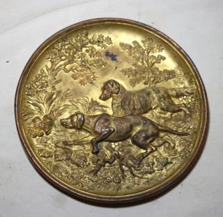Antique Thick Gold Gilded Figural Hunting Dog Relief Landscape Plate Plaque Art