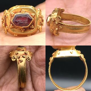 Wonderful Roman Ruby Stone Intaglio 22k Gold Ring 7.  3gr