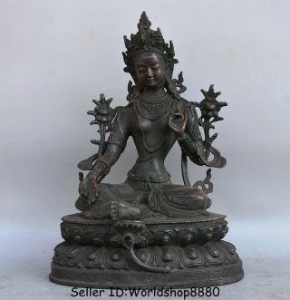 13.  6 " Old Tibet Mahayana Buddhism Temple Bronze Green Tara Goddess Lotus Statue
