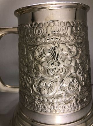 Sterling Silver 925 Beer Mug Hand Chased Floral Repoussé Luxury Gift 3