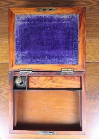 A Turnbridge Antique Burl String Inlaid Wood Lap Desk Writing Ink Well Love Box 11
