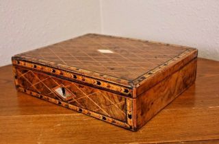 A Turnbridge Antique Burl String Inlaid Wood Lap Desk Writing Ink Well Love Box 3