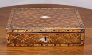 A Turnbridge Antique Burl String Inlaid Wood Lap Desk Writing Ink Well Love Box 4
