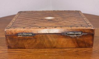 A Turnbridge Antique Burl String Inlaid Wood Lap Desk Writing Ink Well Love Box 9