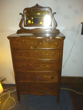 Antique Dresser Bureau Oak Highboy With Beveled Mirror Ornate Refinished 1900 