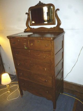 Antique Dresser Bureau Oak Highboy with beveled mirror ornate refinished 1900 ' s 3