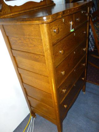 Antique Dresser Bureau Oak Highboy with beveled mirror ornate refinished 1900 ' s 6