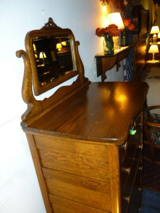 Antique Dresser Bureau Oak Highboy with beveled mirror ornate refinished 1900 ' s 7
