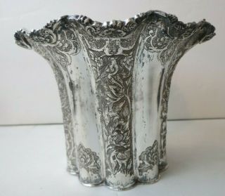 Ruffle Fluted Antique Persian Solid Silver Vase Birds & Flowers 293 Gr
